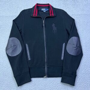 VTG Polo Ralph Lauren Full Zip Knit Jacket Mens S Leather Elbow Patches Big Pony